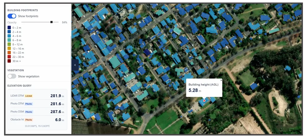 3D building footprints – colour-coded by height